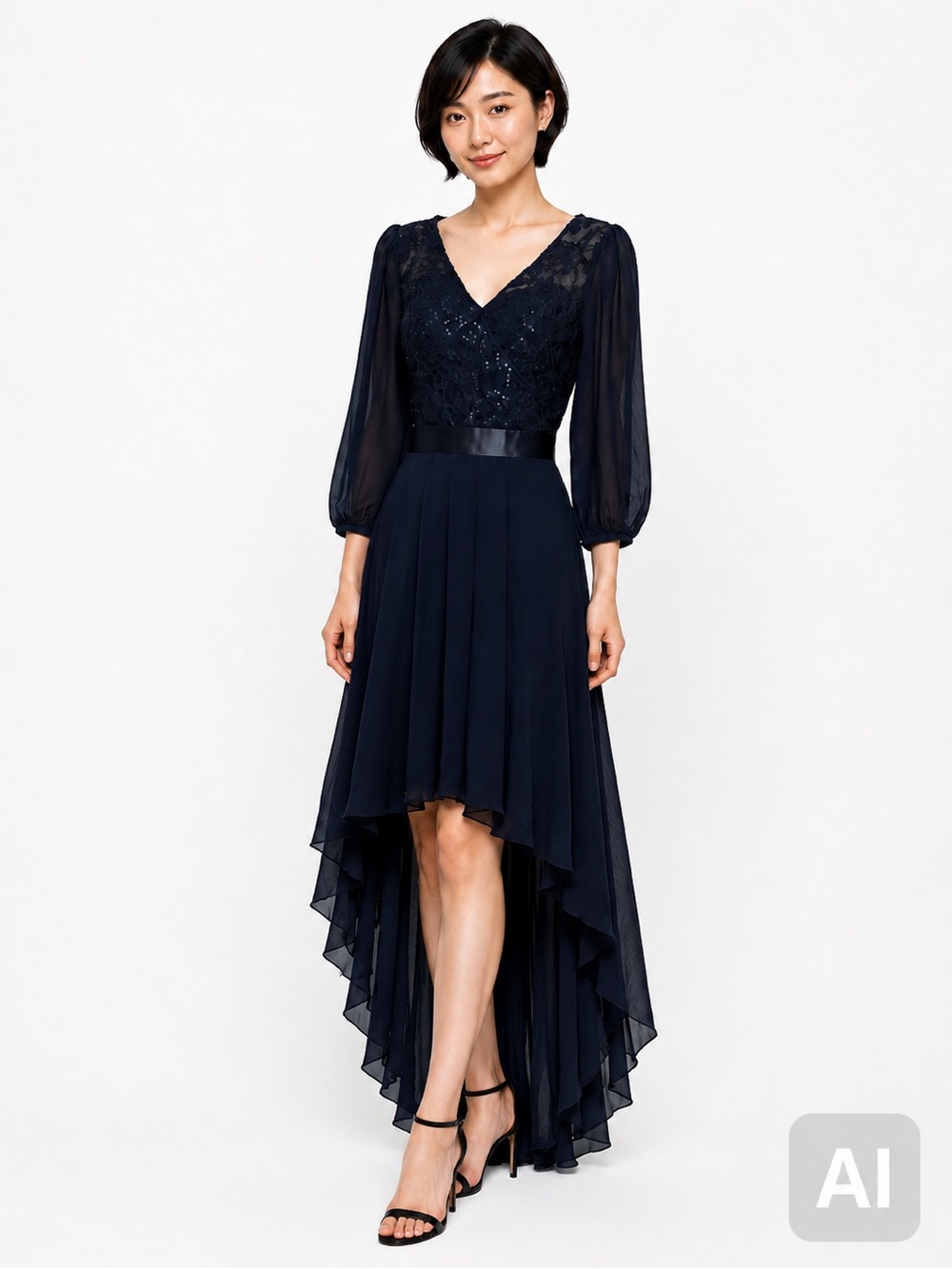 Miusol Hi-Lo 3/4 Sleeve Sequin Lace Evening Dress Gown Navy Blue M NEW